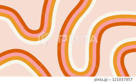 Abstract pastel groovy background. Curve rainbow stripes on beige backdrop. Horizontal template for banner, social media, advertisements, presentations, poster, print 121037957