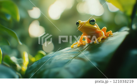 Golden-Eyed Leaf Frog: A Green Yellow Frog In Its Natural Habitat In Corcovado, Costa Rica. A Tropical Forest Amphibian In Central America Wildlife. 121038219