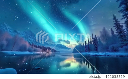 Northern Lights Display Over Canadian Lake: A Stunning Aurora Borealis Phenomenon In The Night Sky Of Canada'S Wilderness. 121038229
