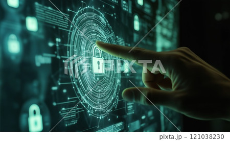 Interactive Cybersecurity Interface: Hand-Touch Virtual Screen With A Padlock Symbol And Digital Protection Methods For Enhanced Security Measures. 121038230