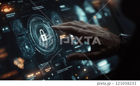 Interactive Cybersecurity Interface With Hand-Touch Virtual Screen, Highlighting Digital Protection Methods And Padlock Symbol For Enhanced Security Features. 121038231