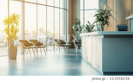Empty Hospital Reception And Waiting Room With No One Present For Medical Appointment. Healthcare Clinic Lobby With Chairs And Counter. 121038256
