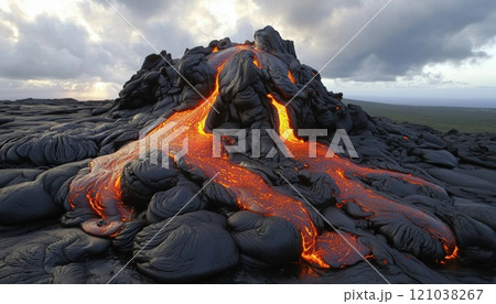 Flow Of Molten Lava Moving Across Uneven, Scorching Terrain In Volcanic Eruption, Carving Its Way Through The Rough, Sizzling Landscape. 121038267