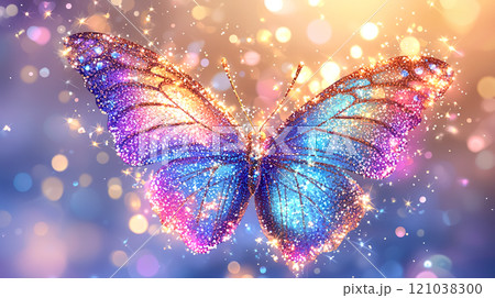 幻想的な輝く鱗粉をまとった虹色の蝶のイラスト 121038300