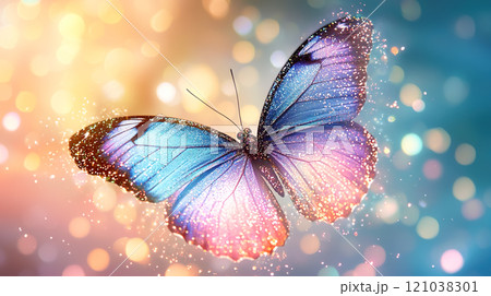 幻想的な輝く鱗粉をまとった虹色の蝶のイラストのイラスト素材