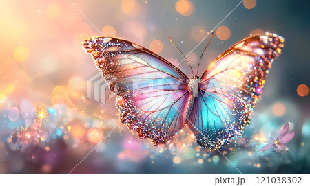 幻想的な輝く鱗粉をまとった虹色の蝶のイラスト 121038302