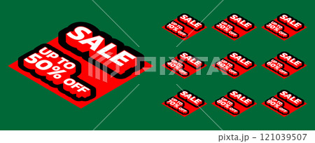 Sale tags set vector badges template, up to 10, 20, 30, 40, 50, 60, 70, 80, 90 percent off, vector illustration isolated on green background. Price off tag icon flat design collection set. Up to 121039507