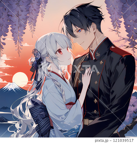 新年を迎えるカップル。アルビノの少女と碧眼の青年の元旦。日本の