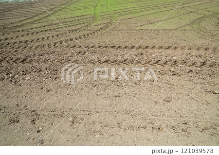 畑にタイヤの跡 121039578