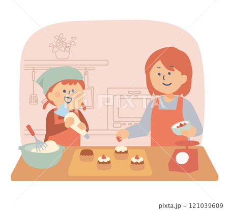 お菓子を作る親子のイラスト 121039609