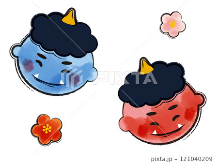 かわいい赤鬼と青鬼と梅の花_水彩 121040209