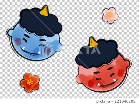 かわいい赤鬼と青鬼と梅の花_水彩 121040209