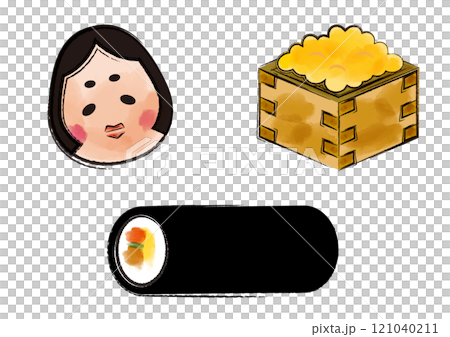 お多福と福豆と恵方巻_水彩 121040211