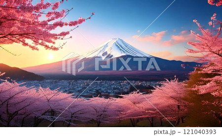 雪を被った富士山と日の出と桜の風景イラスト 雪を被った富士山と日の出と桜の風景イラスト 121040393