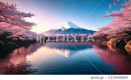 雪を被った富士山と桜と湖の風景イラスト 121040664