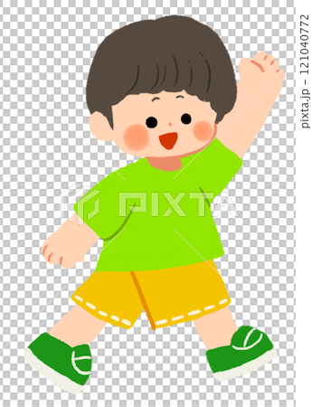 Illustration of a boy walking with his hands raised Illustration of a boy walking with his hands raised 121040772
