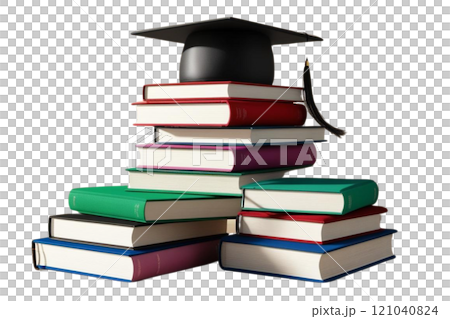 stack of different colored books with a graduation cap 121040824
