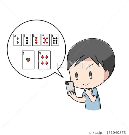ポーカーをスマホで遊ぶ男性のイラスト 121040878