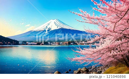 雪を被った富士山と桜と湖の風景の水彩画風イラスト 121040898