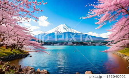 雪を被った富士山と桜と湖の風景の水彩画風イラスト 121040901