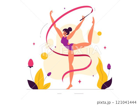 Rhythmic Rope Gymnastics Vector Illustration featuring a Female Rhythmic Gymnast Performing with a Rope in a Graceful Pose on a Flat Background 121041444
