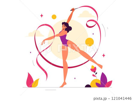 Rhythmic Rope Gymnastics Vector Illustration featuring a Female Rhythmic Gymnast Performing with a Rope in a Graceful Pose on a Flat Background 121041446