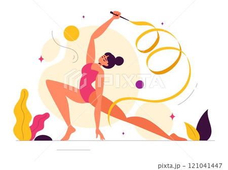 Rhythmic Rope Gymnastics Vector Illustration featuring a Female Rhythmic Gymnast Performing with a Rope in a Graceful Pose on a Flat Background 121041447