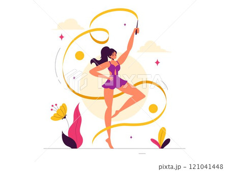 Rhythmic Rope Gymnastics Vector Illustration featuring a Female Rhythmic Gymnast Performing with a Rope in a Graceful Pose on a Flat Background 121041448