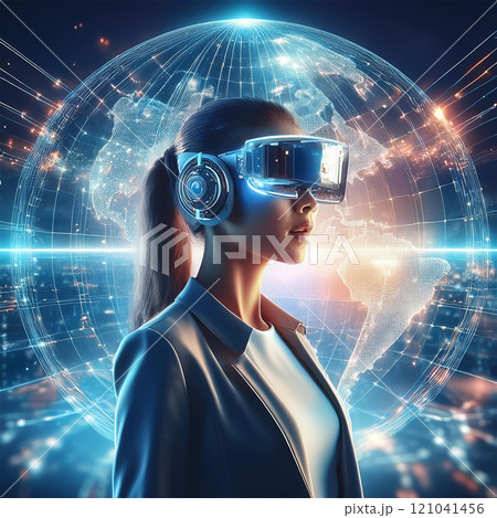 世界のネットワークとヘッドマウントディスプレーをつけた女性 121041456