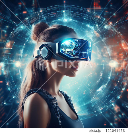 世界のネットワークとヘッドマウントディスプレーをつけた女性 121041458