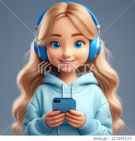 ヘッドフォンをしてスマホを持ってる女の子 121041523