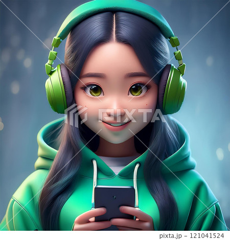 ヘッドフォンをしてスマホを持ってる女の子 121041524
