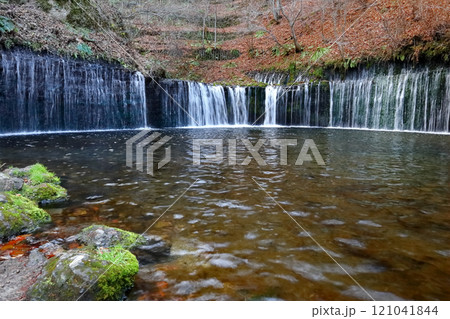 美しき信州長野(軽井沢、白糸の滝は自然の地下水が数百の湧水する滝を加工して美しい円形の景観にした。) 美しき信州長野(軽井沢、白糸の滝は自然の地下水が数百の湧水する滝を加工して美しい円形の景観にした。) 121041844