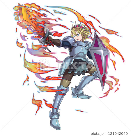 剣を振りかざすアクションポーズの男勇者　金髪　炎エフェクト付き 121042040