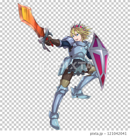 Blonde male hero in action pose brandishing a sword Blonde male hero in action pose brandishing a sword 121042041