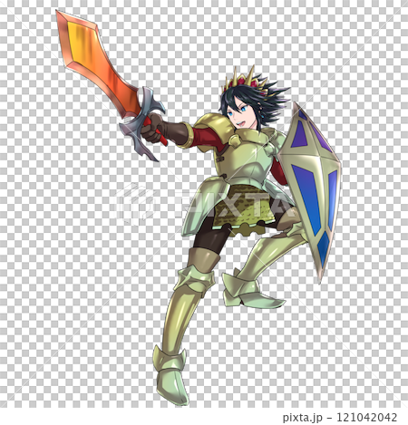 Male hero in action pose brandishing a sword, black hair Male hero in action pose brandishing a sword, black hair 121042042