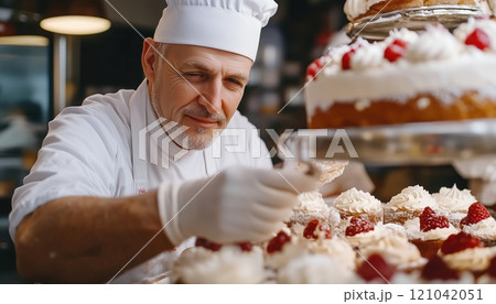 Baker With A Delicious Cake In The Pastry Shop - A Talented Confectioner Displaying Their Culinary Skills With A Freshly Baked And Tempting Cake. 121042051