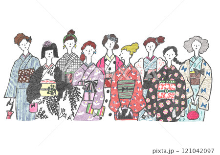 手描きイラスト 着物姿の女性たち 手描きイラスト 着物姿の女性たち 121042097