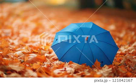 Stunning Autumn Scene: Lush Carpet Of Orange Autumn Leaves In Park With Blue Umbrella, Leaves Dancing In Sunlit Breeze, Golden Autumn Beauty. 121042167
