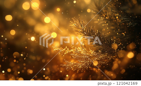 Golden Christmas And New Year Celebration: Abstract Winter Bokeh Tree, Presents, Gifts, Fireworks, Lights, And Magic. Bright Decorative Merry Xmas Card For 2025-2026 Nature. 121042169
