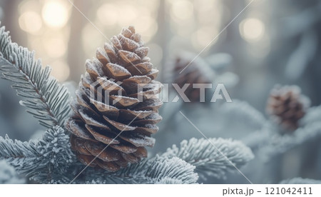 Close-Up Of Natural Cones And Spruce Twigs In A Winter Forest Setting, Perfect For Christmas And Winter Decor. 121042411