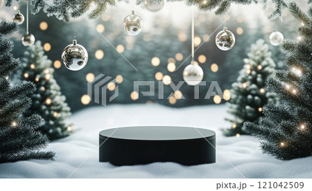 Festive Christmas Setting: Cylindrical Podium And Round Stage For Promotions And Product Sales In Snowy Wonderland With Xmas Trees And Glass Balls 121042509