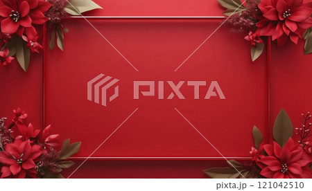 Festive Christmas Sign Frame With Empty Space And Decorative Accents On A Red Background. Perfect For Holiday Decorating. 121042510