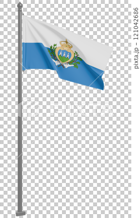 聖馬力諾共和國飄揚的國旗 3D 插圖(前視圖) 聖馬力諾共和國飄揚的國旗 3D 插圖(前視圖) 121042686