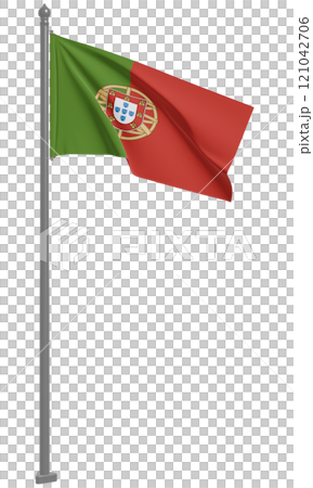葡萄牙共和國飄揚的國旗 3D 插圖(前視圖) 葡萄牙共和國飄揚的國旗 3D 插圖(前視圖) 121042706