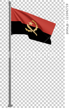 3D illustration of the fluttering flag of the Republic of Angola (front view) 3D illustration of the fluttering flag of the Republic of Angola (front view) 121042719