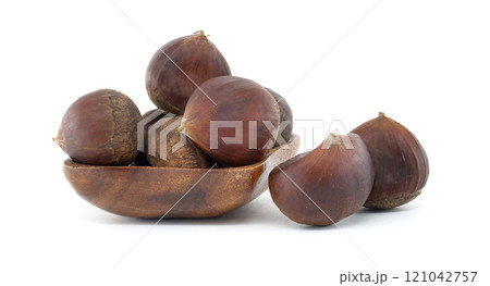 Natural Chestnuts in Wooden Bowl Isolated on White Background Natural Chestnuts in Wooden Bowl Isolated on White Background 121042757