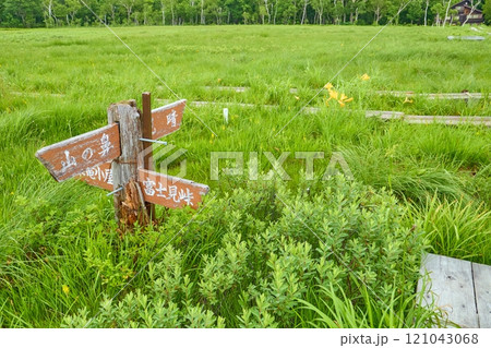 夏の群馬県片品村尾瀬 中田代の龍宮小屋手前の分岐点にある道標 夏の群馬県片品村尾瀬 中田代の龍宮小屋手前の分岐点にある道標 121043068