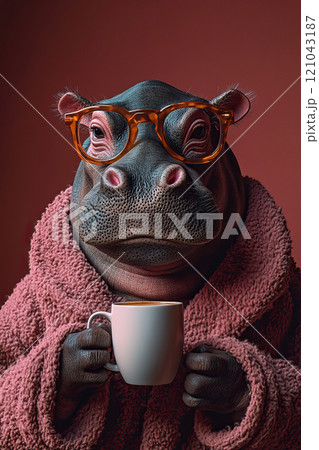 Cute hippo wearing glasses and holding a white mug of hot latte, staring directly at the camera on a pink background, World Hippo Day. 121043187