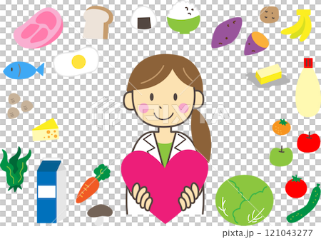 ハートを持つ白衣の女性と色々な食品 121043277